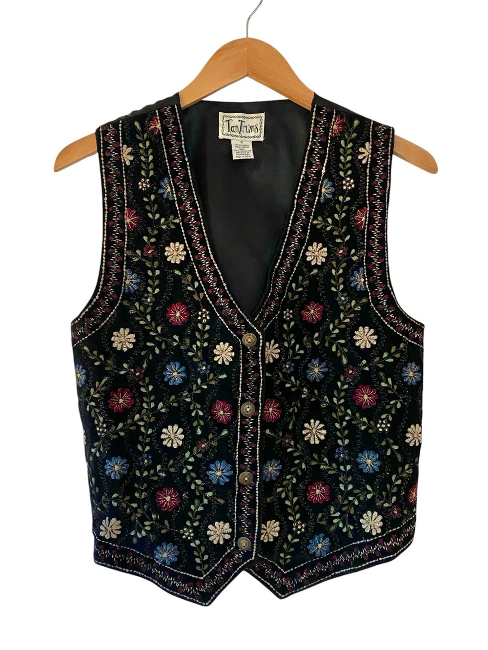 TanTrums Embroidered Velvet Black Floral Vest S Whimsigoth Boho Cowgirl Vintage